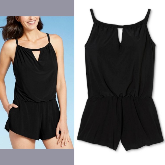 NWT‎ Aqua Green [ Small 4/6 ] High Neck Swim Romper w/ Pockets in Black - Picture 1 of 12